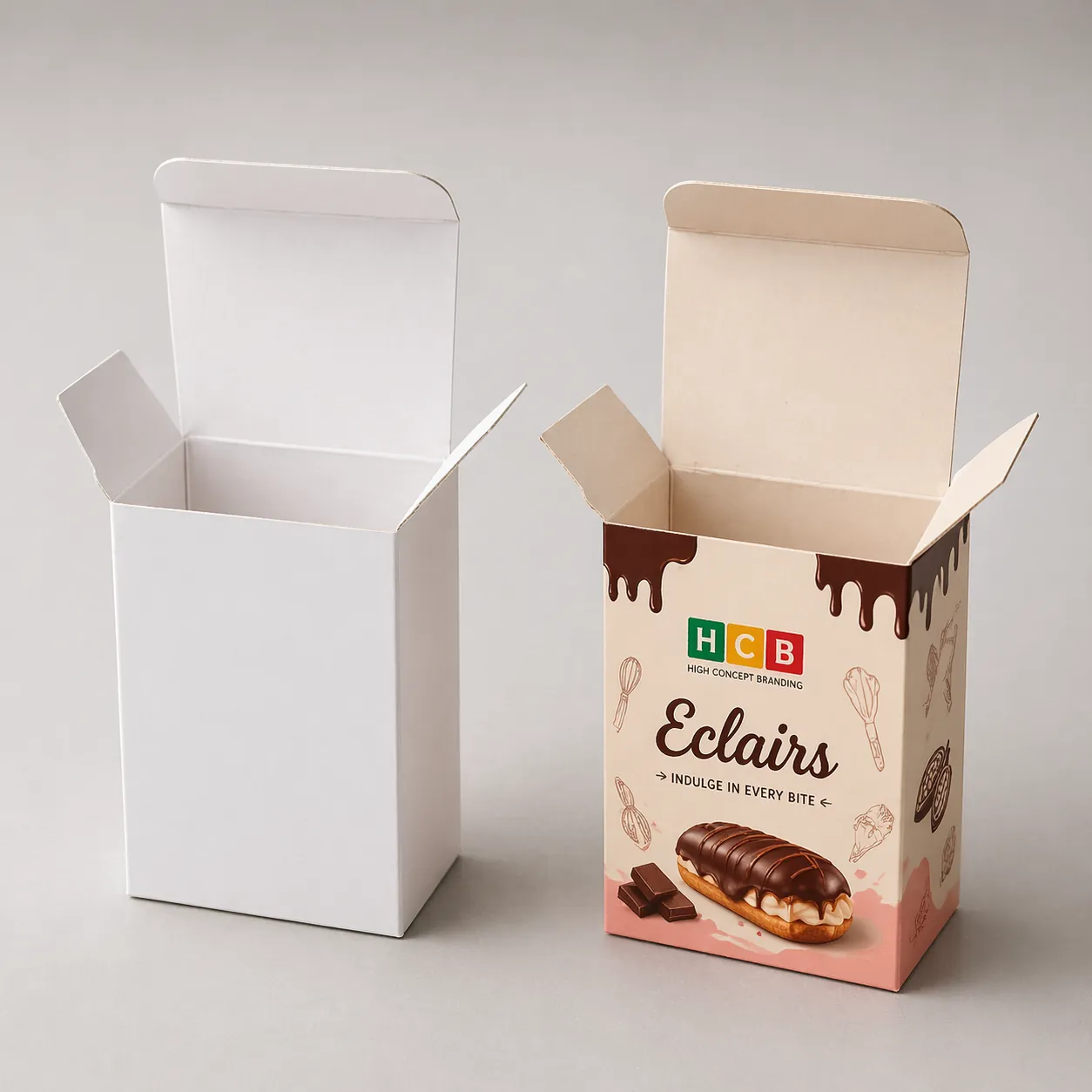 Two top-opening pastry boxes, one plain and one printed with professional bakery branding and images. class=